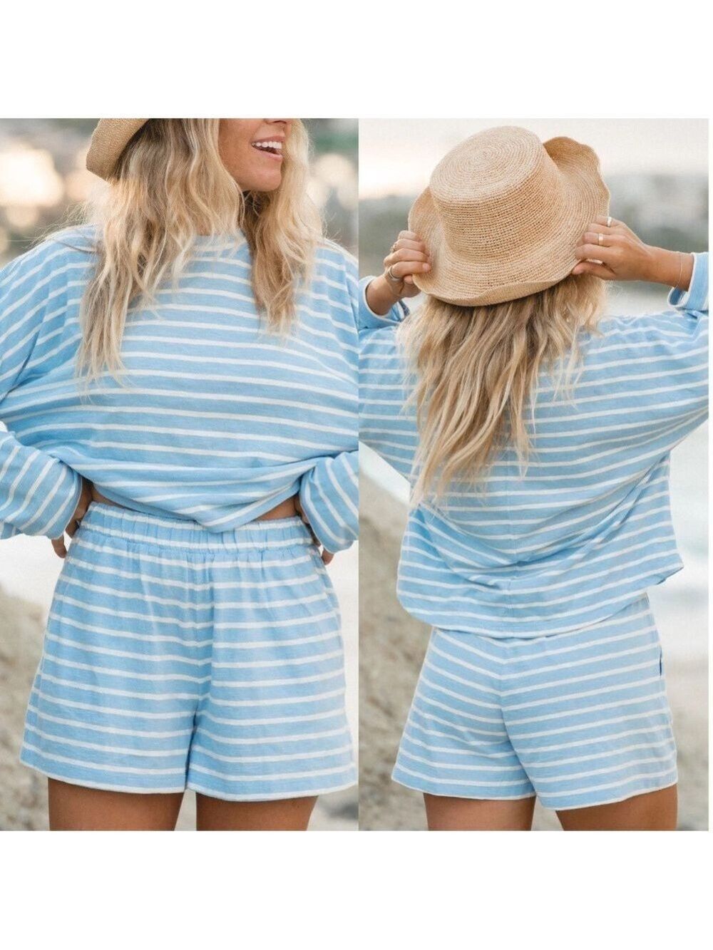 SOLAI the Label Striped Top Blue White 100% Cotton Long sleeve crop top